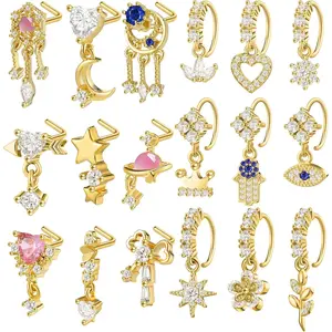 Women's 18-Piece 20g L-Shaped Dangle Nose Rings & Studs, Heart Star Dangling Hoop Nose Piercing Jewelry, Nose Ring