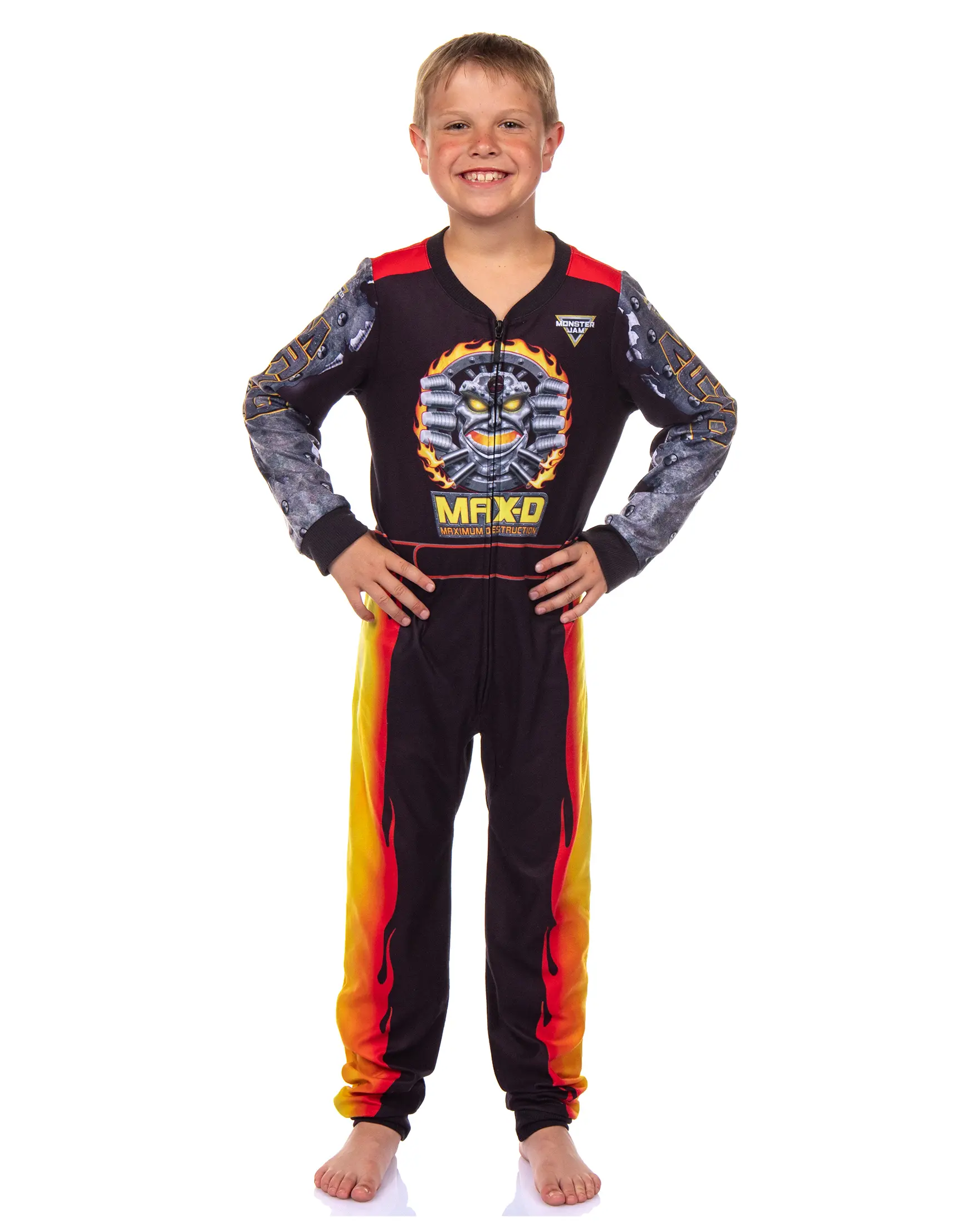 Monster Jam Max-D Boys' Union Suit Kids Fleece Maximum Destruction Monster Truck One Piece Pajamas