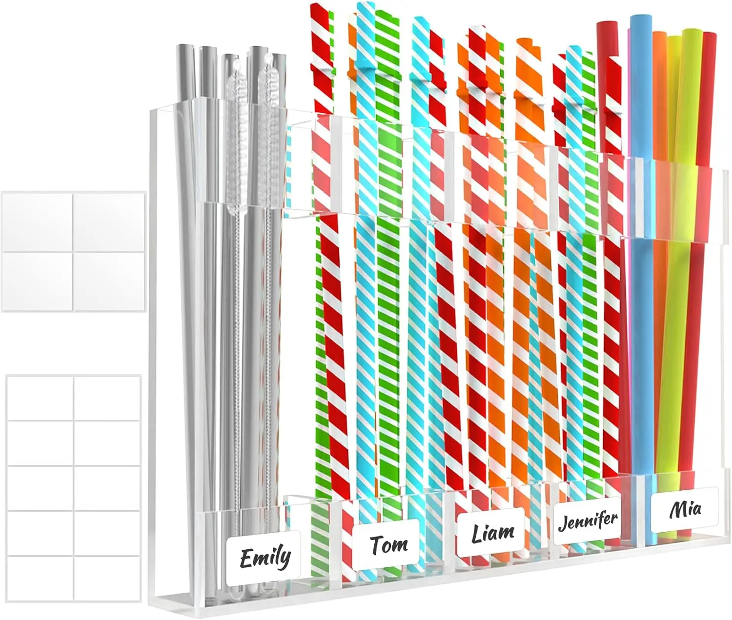 2025 Multifunctional Transparent Acrylic Reusable Straw Organizer Holder - 9.8in Large Kitchen Organization Cabinet Storage Rack, Smooth, 15lbs Max, Includes Kit with Double-Sided Adhesive Squares, Stickers for Easy Installation