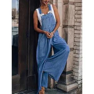 Women's denim effect printed pleated wide leg jumpsuit, fashionable casual pocket square neck jumpsuit, suitable for daily outdoor wear, all season women's clothing, women's clothingRAIMENTRY
