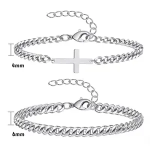 Men's Cross Bracelet Set, Silver Stainless Steel Cuban Link Bracelet, Adjustable Size, Men's Faith Bracelet Gift