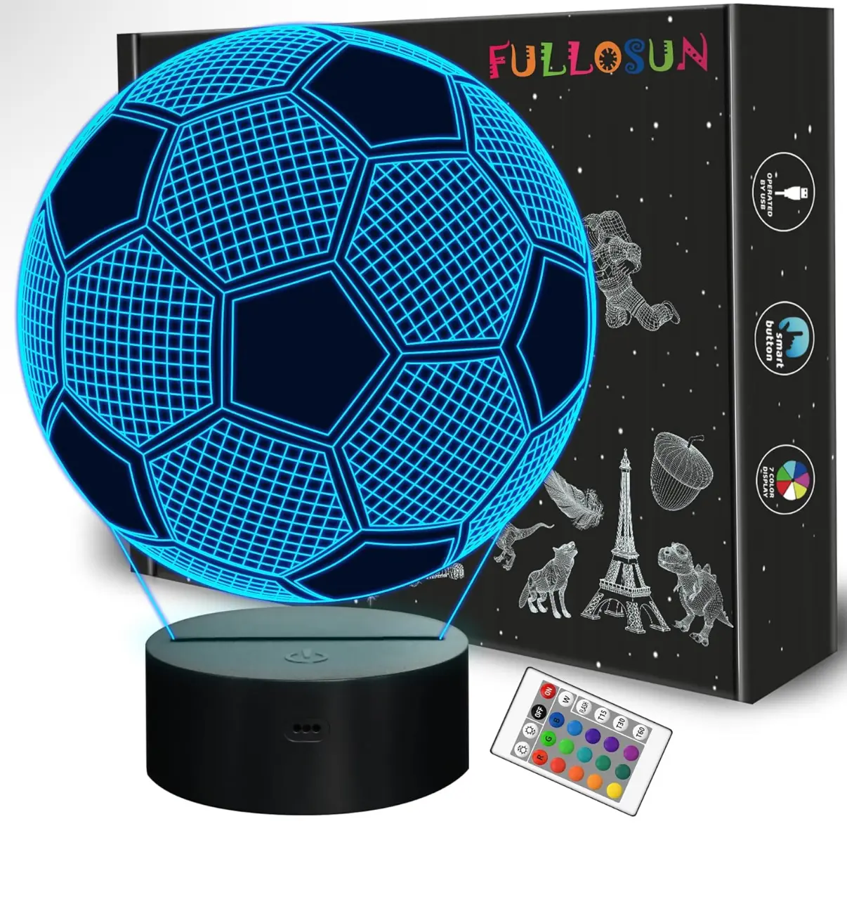 3D Optical Illusion LED Football Night Light - Novelty Toy Shaped Lighting, Remote Control, 16 Color Changes, AAA Batteries, 10000-Hour LED Lifespan, 0.012kw.h/24hrs, Indoor Decor Gift for Kids and Adults