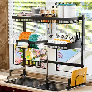 3-Tier Over Sink Dish Draining Rack, Adjustable Width and Height, with Phone Holder Cup Holder Knife and Chopstick Holder, Cutting Board Rack Space-Saving dish drying rack Over The Sink Dish Rack Customizable Dish Organizer Kitchen Shelf Sink Organizer 11