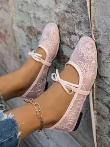Women's Embroidered Mesh Ballet Flats, Elegant Square Toe Ballerina Shoes, Lightweight Breathable Comfort for Parties & Daily Wear Footwear
