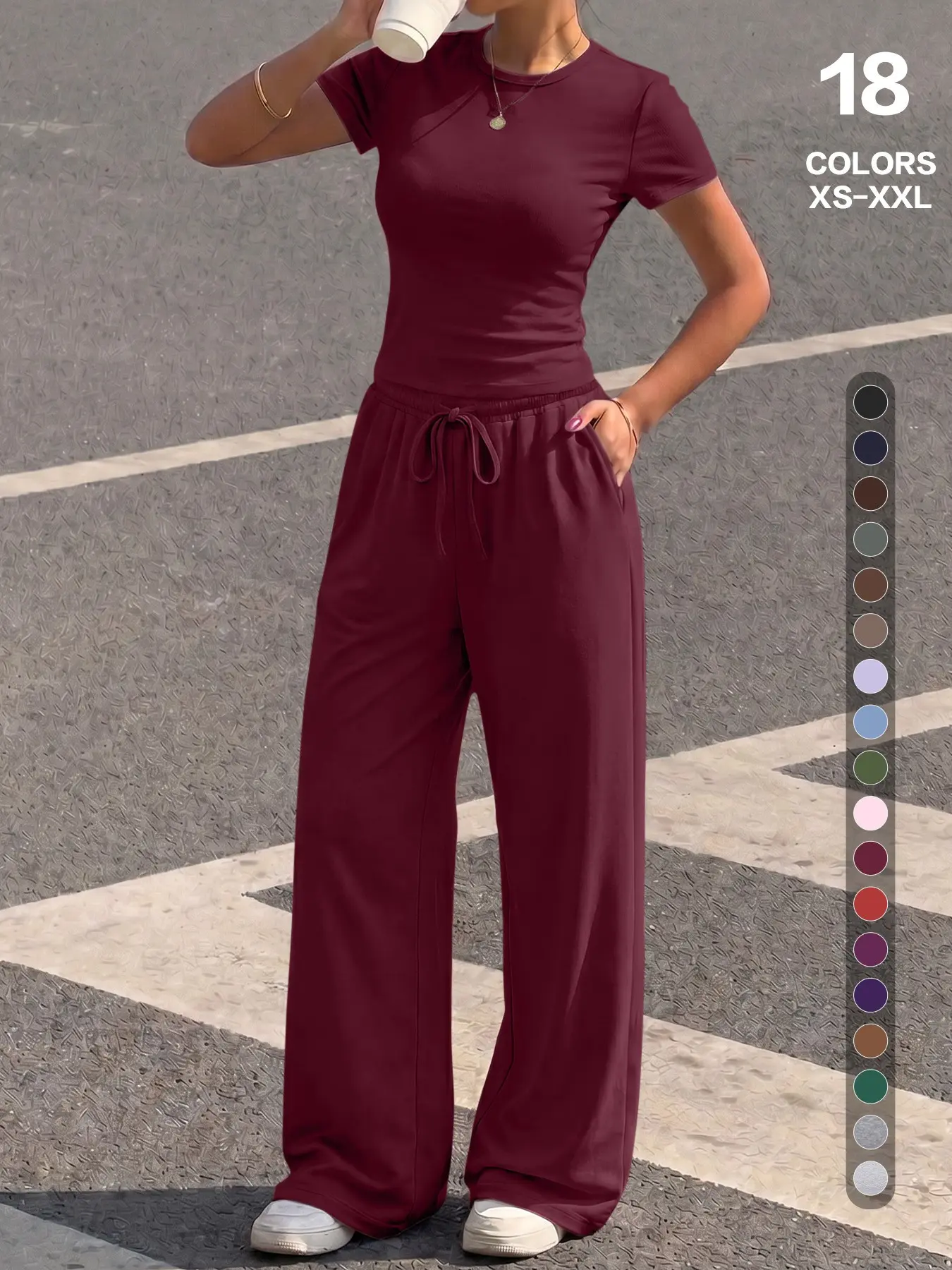Round Neck Waist Cinched Short Sleeve Top + Wide Leg Pants Set, Women Basic Wearable Home Casual Loose Clothes, Summer Sleepwear, Solid Color