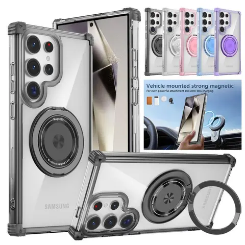 HISTORYOO For Samsung Galaxy S26 Ultra S25 S24 S23 FE S22 Plus Note 20 Ultra For Magsafe Magnetic Plating Wireless Charging Case Military Grade Shockproof Rotate Invisible KickStand Holder Phone Cover