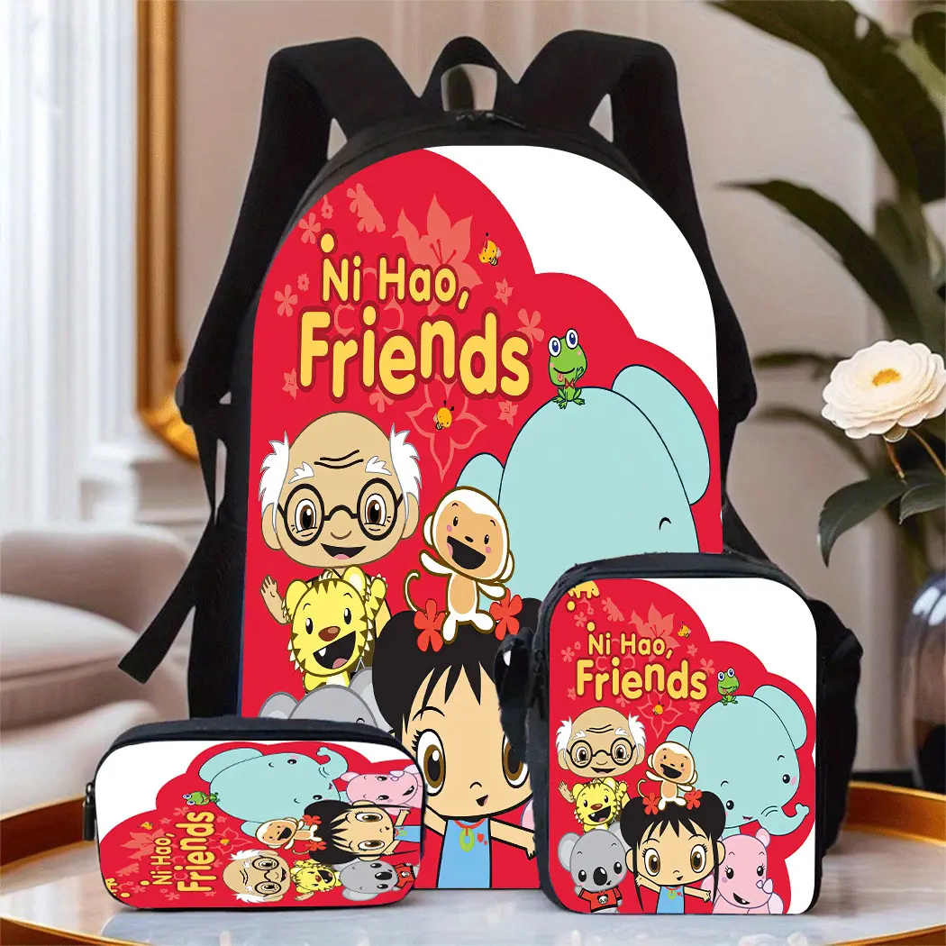 3Pcs Kid Backpack Set with "Ni Hao, Friends" Character Art Cartoon Animal Mascot Pattern, Durable 600D Oxford Cloth, Insulated Lunch Box, Pencil Case, Adjustable Straps, Breathable, Large Capacity for 15in Laptop, School Use, Animal Mascot Backpacks, Cart