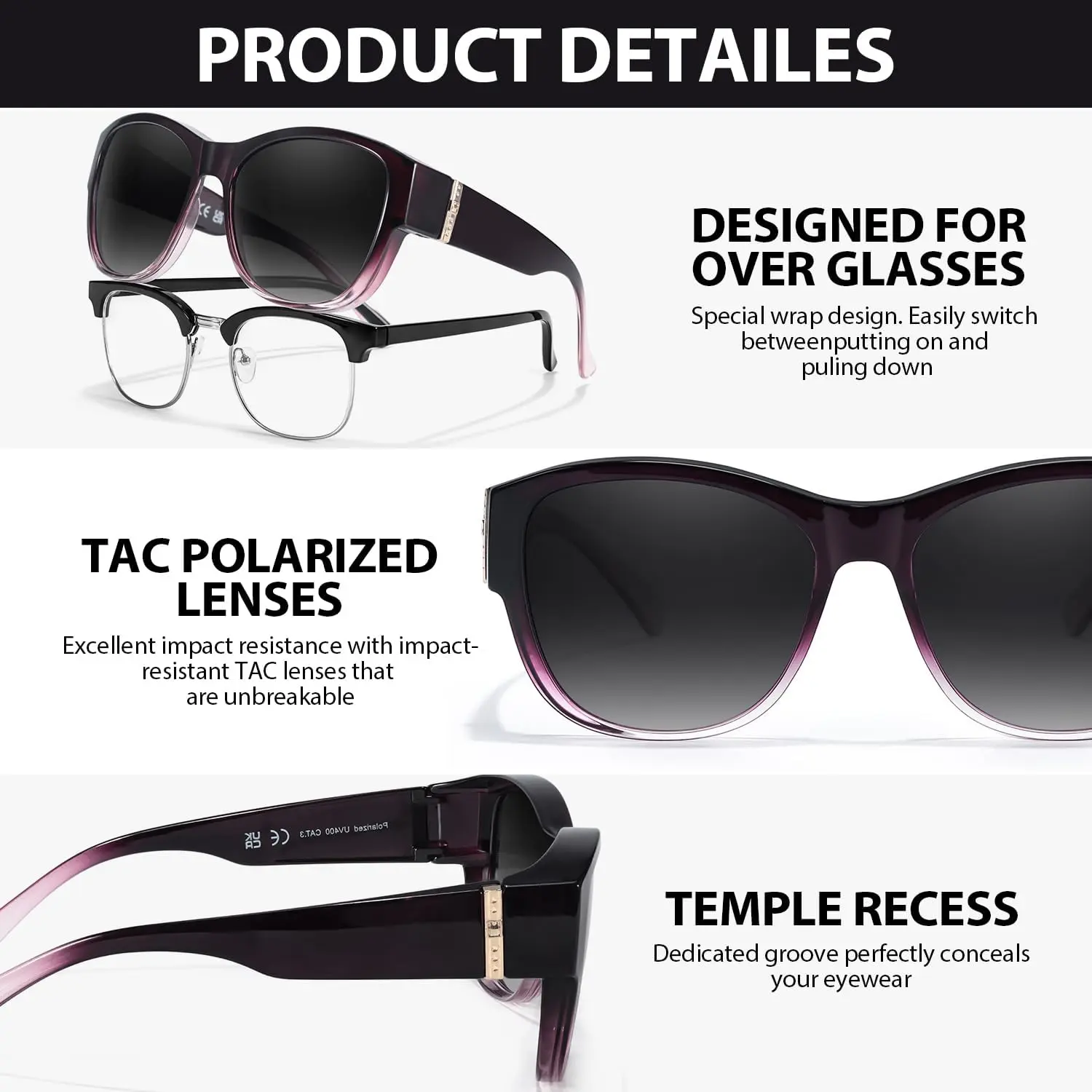 Polarized Fit Over Sunglasses for Women, TR90 Frame, UV 