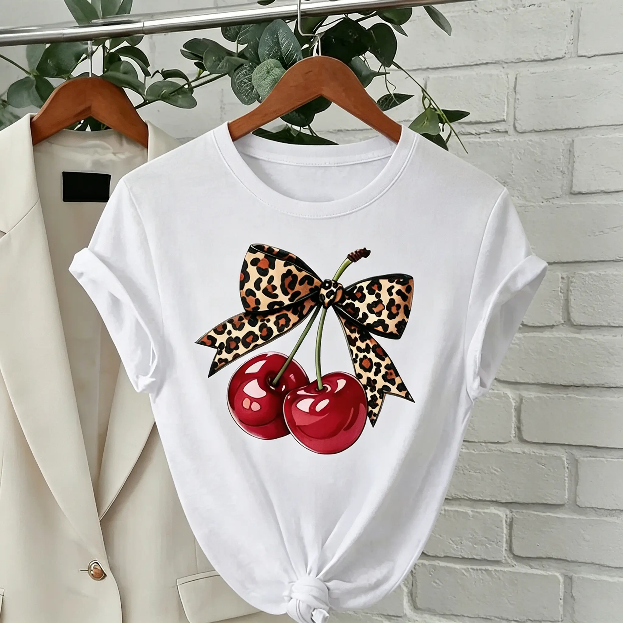 Women's Pure Cotton Crew Neck Short Sleeve Regular Length Casual Cartoon Cherry Print Graphic Tee - Spring Summer Fashion Top, Shortsleeve, Fabric, Printed, Apparel, Round Neck