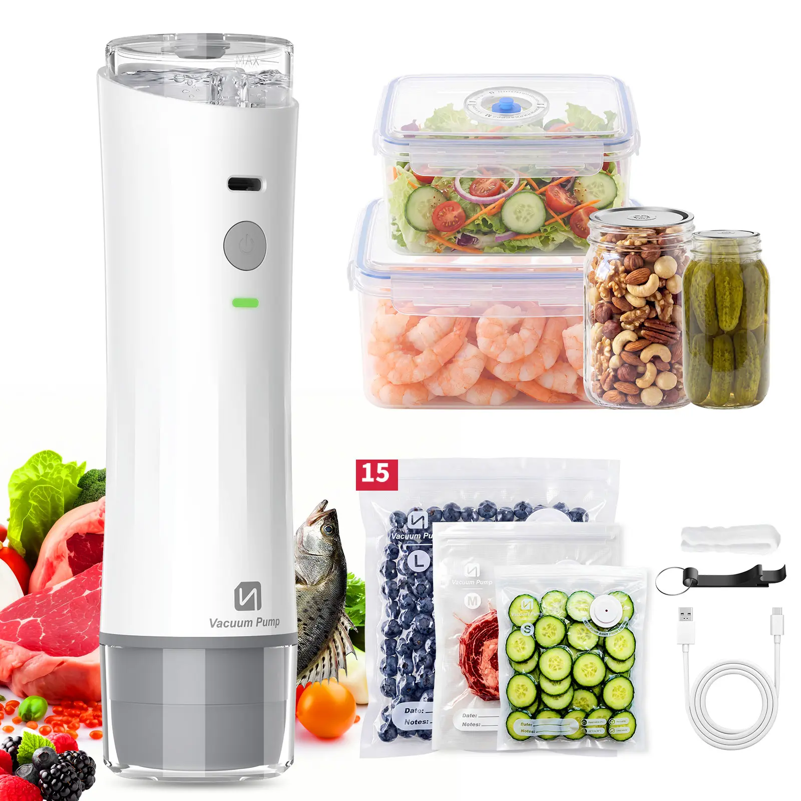 BRISSME 3-in-1 Cordless USB Recharge Portable Size Vacuum Sealer Kit for Meal Preppers, Eco-Friendly Food Saver with Strong Suction, Water-Resistant, Includes 15 Reusable Bags, 10 Mason Jar Lids, 2 Containers, Ideal for Sous Vide, Compact, 3-In-1 Versatil