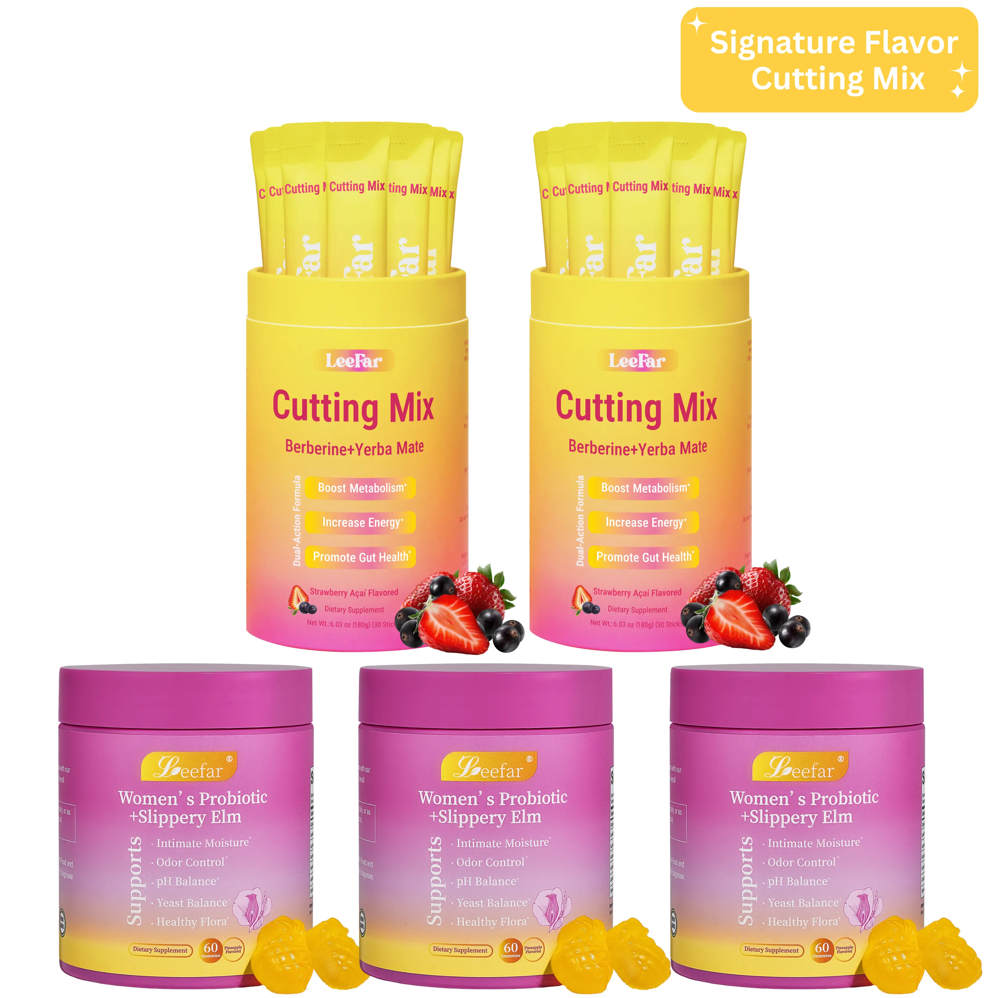 LeeFar Signature Bundle: Women's Probiotics Pineapple Gummies*3 Bottles & Cutting Drink Mix*2 Jars