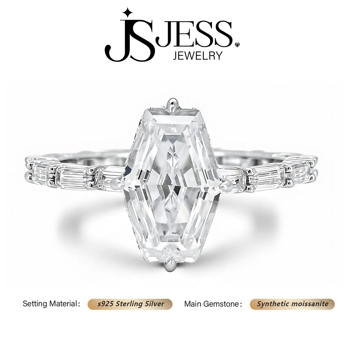 [#669 Glim-H] 7.2 Carat Elongated Hexagon Synthetic Moissanite Ring S925 Sterling Silver Statement Ring for Women | 8x12mm Bold Vintage Style