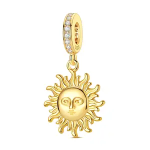 MULA 925 Silver-plated Gold Plated Sun Face Pendant with Sparkling Zirconia - Symbolizes Light, Energy and Protection, Suitable for Pandora Bracelets and Necklaces - Gift for Women and Girls