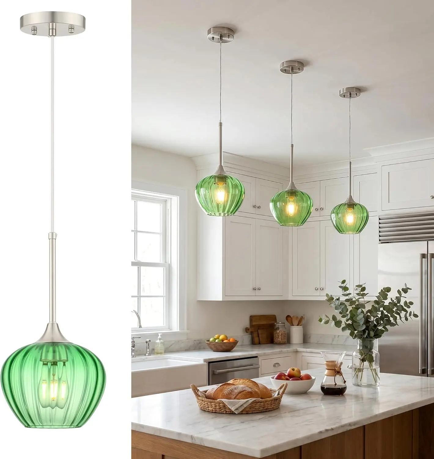 7-Inch Vintage Hammered Glass Shade Decorative Pendant Light, Brushed Nickel Adjustable 60W Kitchen Lighting, Green Hanging Lamp for Island/Sink Indoor Home Decor