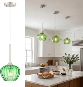 Green Pendant Lights Kitchen Island, 7 Inch Vintage Hammered Glass Pendant Lighting, Brushed Nickel Adjustable Hanging Lamp for Sink Bathroom Dining Room Home Decor