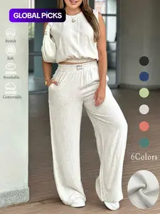Women's 2-Piece Solid Color Tank Top & Wide Leg Pants Set, Womenswear Matching Casual Fashion Breathable Elastic Outfit for Daily Outdoor Wear, Ladies Clothes for Summer