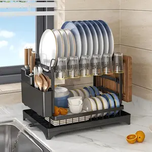 Dish Drying Rack, 2 Tier Large DishDrying Rack for Kitchen Counter with DrainboardStainless Steel Dish Drainer for Dish/Knifes/Cup/Cutting Board,Screw-Free Mounting,Space-saving,The chassis drain pipe can be rotated360,Kitchen Accessories,Home Decor