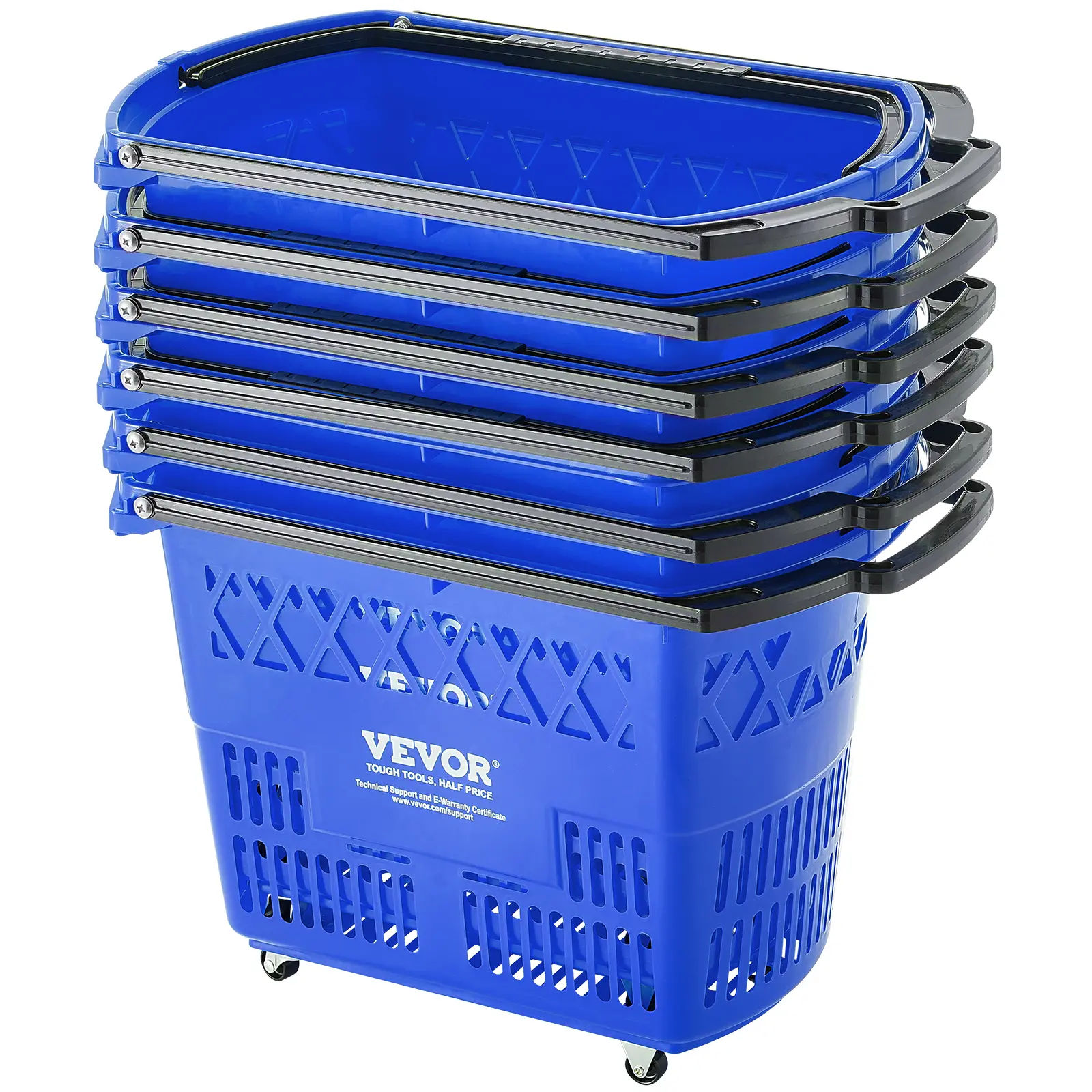 VEVOR Shopping Baskets, TikTokShopBlackFriday, 6PCS, 39L Shopping Carts with Handles, Plastic Rolling Shopping Basket with Wheels, Large Portable Shopping Basket Set for Supermarkets, Retail Stores, Grocery Shopping, Blue Household Organiser