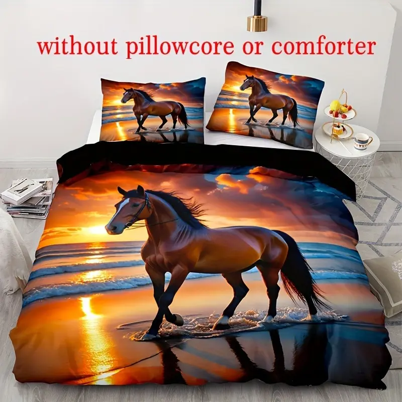 2D Print Horse Pattern Bedding Set, Soft Bedding Sets, Decorative Bedding Set, Printed Bedding Set, Soft Breathable Polyester Fabric, All-Season Use, Includes 1 Fitted Sheet + 2 Pillowcases