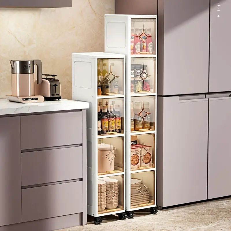 3/4-Tier Tall Narrow Plastic Cabinet Organizer with Doors - Adjustable Shelves, Rolling Wheels, Foldable, Stackable, Nestable, Compartmentalized - Storage Organization, Tiered Shelf, Closet & Kitchen Cabinet Organizers for Bathroom, Rental Spaces, Closet