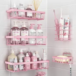 5 Pack Shower Caddy Organizer Rack Shelf for Inside Shower, Adhesive Bathroom Wall Storage Basket Rustproof Stainless Steel Shampoo Holder, Bathroom Accessory Decor Set, Pink drill bathroom shower organizer,#tiktokshopmothersday