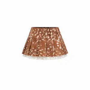 Cider Cotton Low Rise Deer Print Pleated Broderie Anglaise Mini Skirt