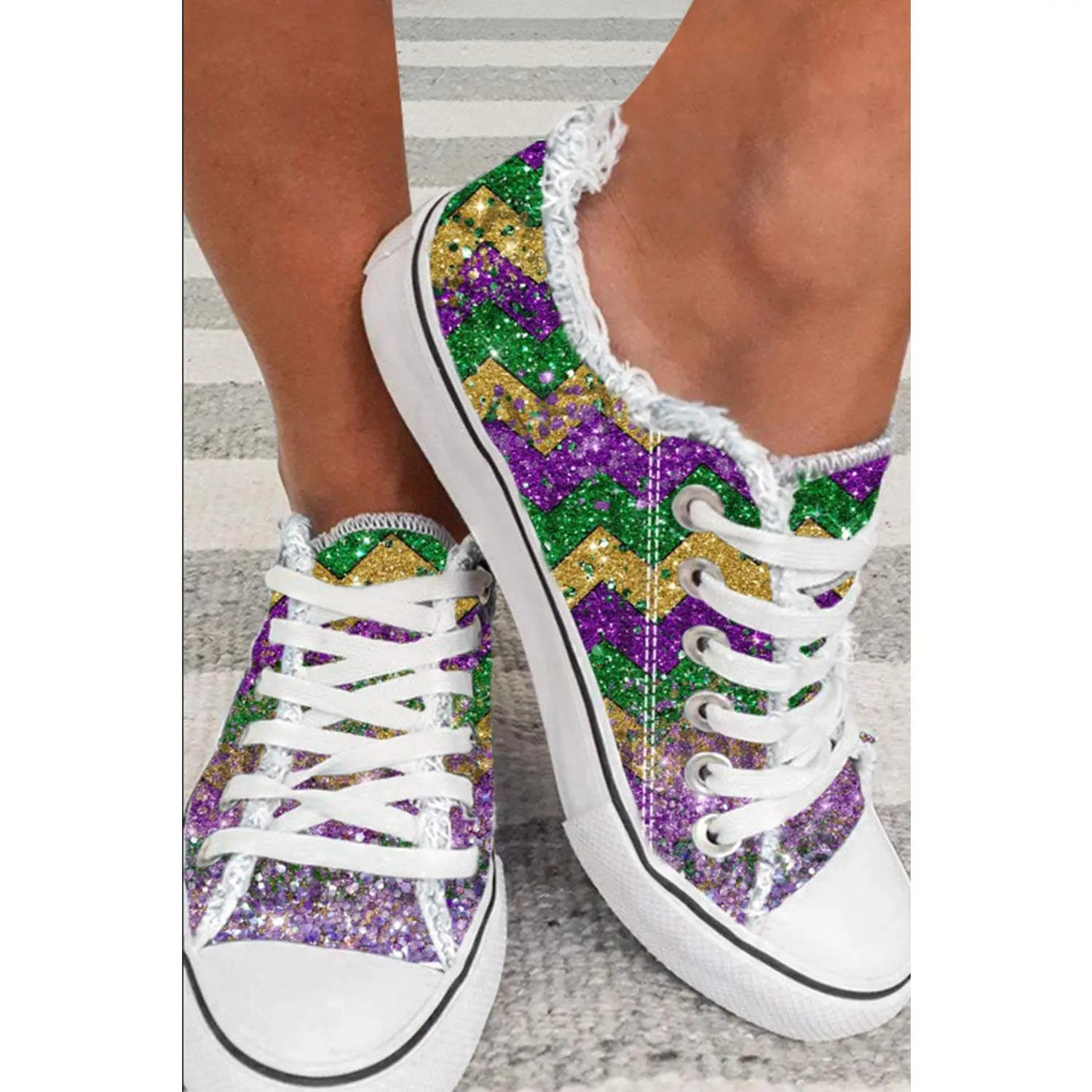 Multicolor Shiny Chevron Striped Lace-up Flat Canvas Shoes