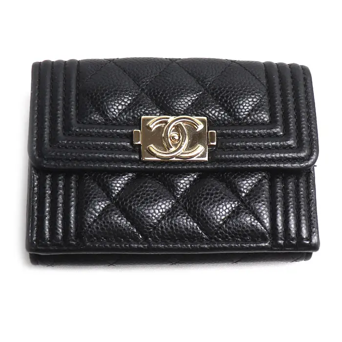 Pre-owned CHANEL Calfskin Small Leather Goods Boy Caviar Skin Trifold Wallet