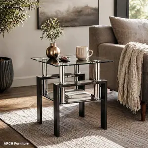 Modern 1-Piece Square Black Tempered Glass Side Table - Metal Legs, Easy Setup, High Load-Bearing, Indoor Living Room Table, Living Room Tables, Modern Side Table