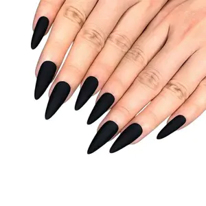 24PCS Matte Black Press On Nails Medium Long Stiletto Almond Fake Nails with Glue Pure Color False Nail Tips Artificial Acrylic Nails for Women and Girls