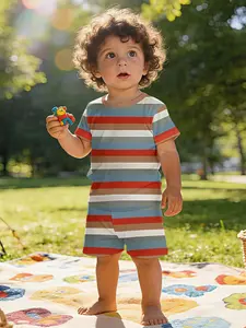 Vintage Colorblock Striped Print Baby Short Sleeve Set, Casual Toddler Clothing, Perfect Gift for Infants, 100% Polyester