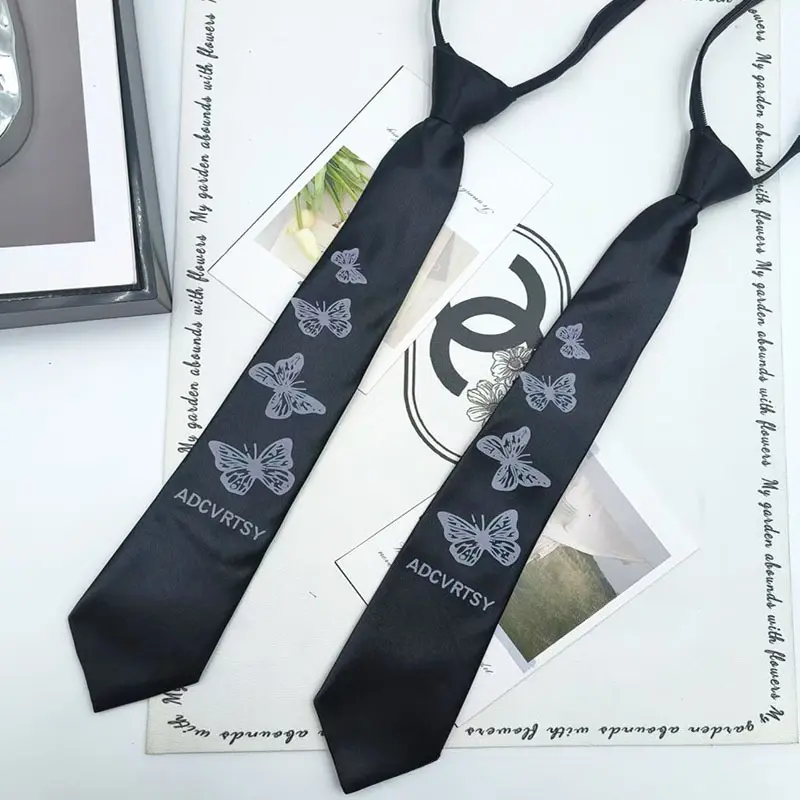 Y2K Butterfly Print Pre-tied Zipper Tie, Black Satin Adjustable Necktie for JK Uniform & Sweet Cool Fashion