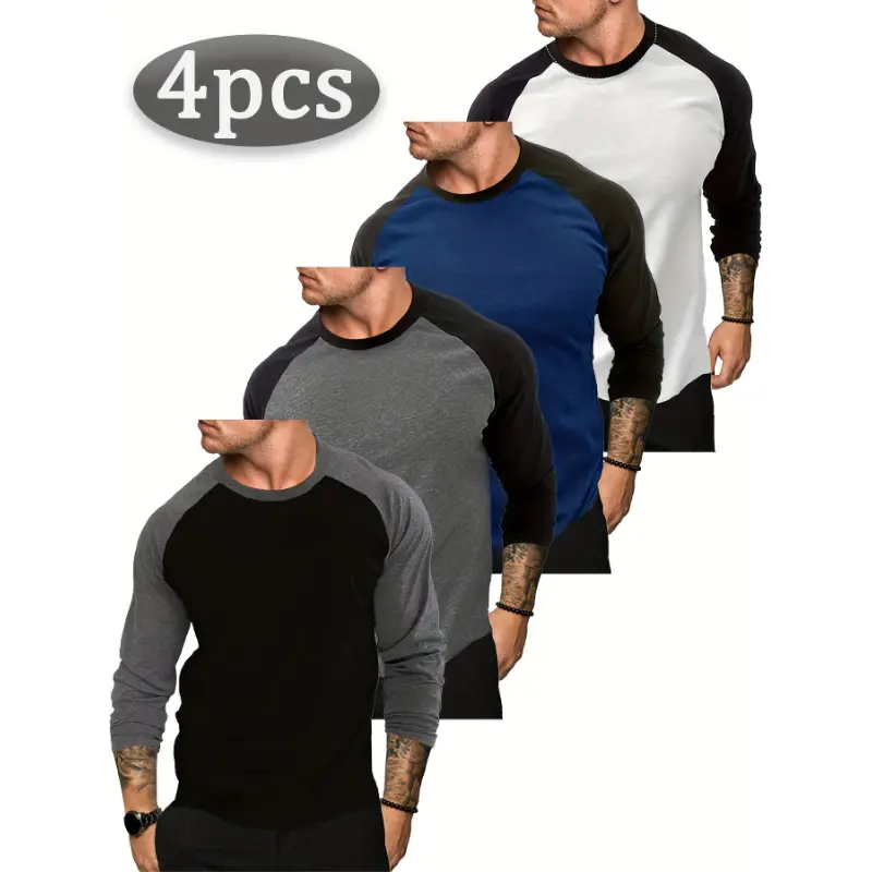Men's 4-Piece Raglan Long Sleeve T-Shirt Set - Breathable Sports Wear, Casual Sporty Fitted Crew Neck Sportswear, Gym Athletic Clothes, Fitness Athletic Streetwear, Soft Basic Vintage Baseball Jersey Tee for Workouts, 100 Polyester Fit, Athletic Men's Lon
