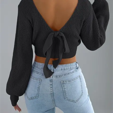 Women's Fall Winter Knitted Sweater, Casual Round Neck Long Sleeve Pullover, Backless Lantern Sleeves, Plain Color, Cozy & Stylish, Knitwear