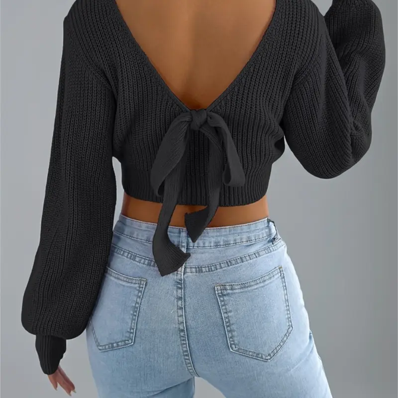 Women's Fall Winter Knitted Sweater, Casual Round Neck Long Sleeve Pullover, Backless Lantern Sleeves, Plain Color, Cozy & Stylish, Knitwear