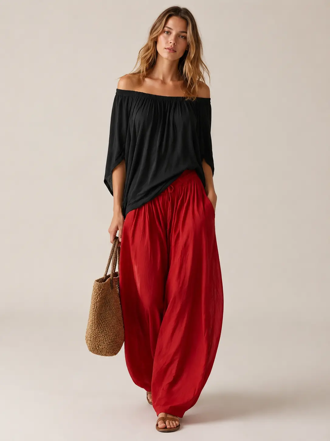 Women's 2026 New 2-Piece Matching Set - Off-Shoulder Flowy Fabric Blouse, Wide-Leg Pocket Balloon Pants, Oversized Loose Bohemian Vibe Fashion Style, S-3XL Plus Size, for Beach Vacation & Office, Spring Summer Fall, Plus Size Clothes, Blouses For Women, P