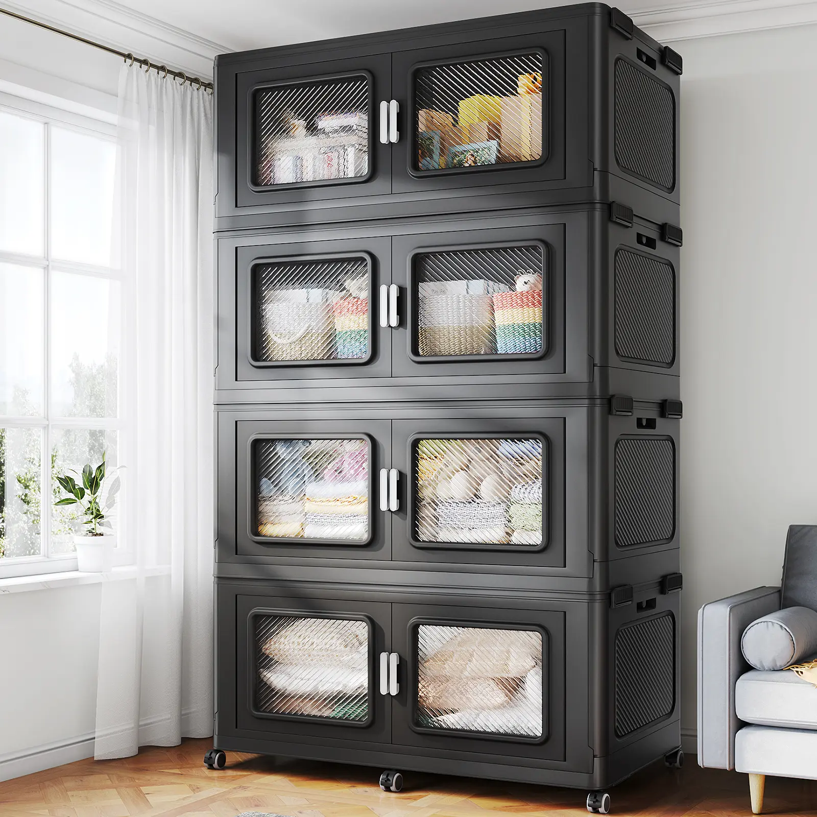 BROVIEW V80 225/300Gal Super Large Stackable Storage Bins with Lid Plastic Collapsible Storage Bins with Wheels for Closet Organizer and Storage Drawers Black