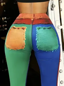 Women's Fashion Faux Denim Colorblock Tight Long Pants, Casual High Waisted Elastic Pants, Stretchy Waist Design, All Seasons Wear