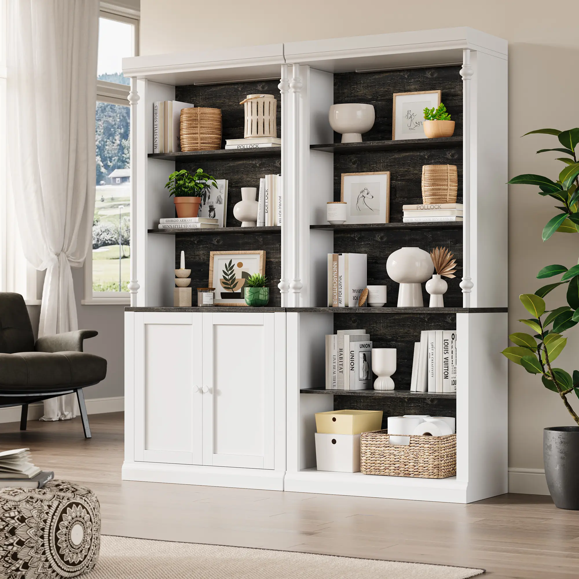 Modern 71-Inch 5-Tier LED Lighting Bookshelf - Adjustable Shelves, Floor-Standing Wood Bookcase with Storage Cabinet, 15.7"d x 31.5"w x 71"h 2-Tone Design with Roman Columns, Assembly Required, Ideal for Bedroom & Living Room, White, Shelf, Stable, Two To