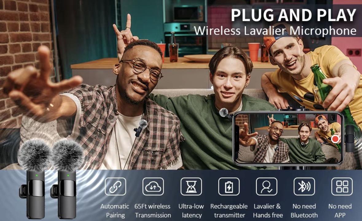 2 pos Wireless Lavalier Microphones for iPhone, Android, iPad - Mini Wireless Clip-on Microphones Crystal Clear Sound Quality for Recording, Live Streaming, Vlog