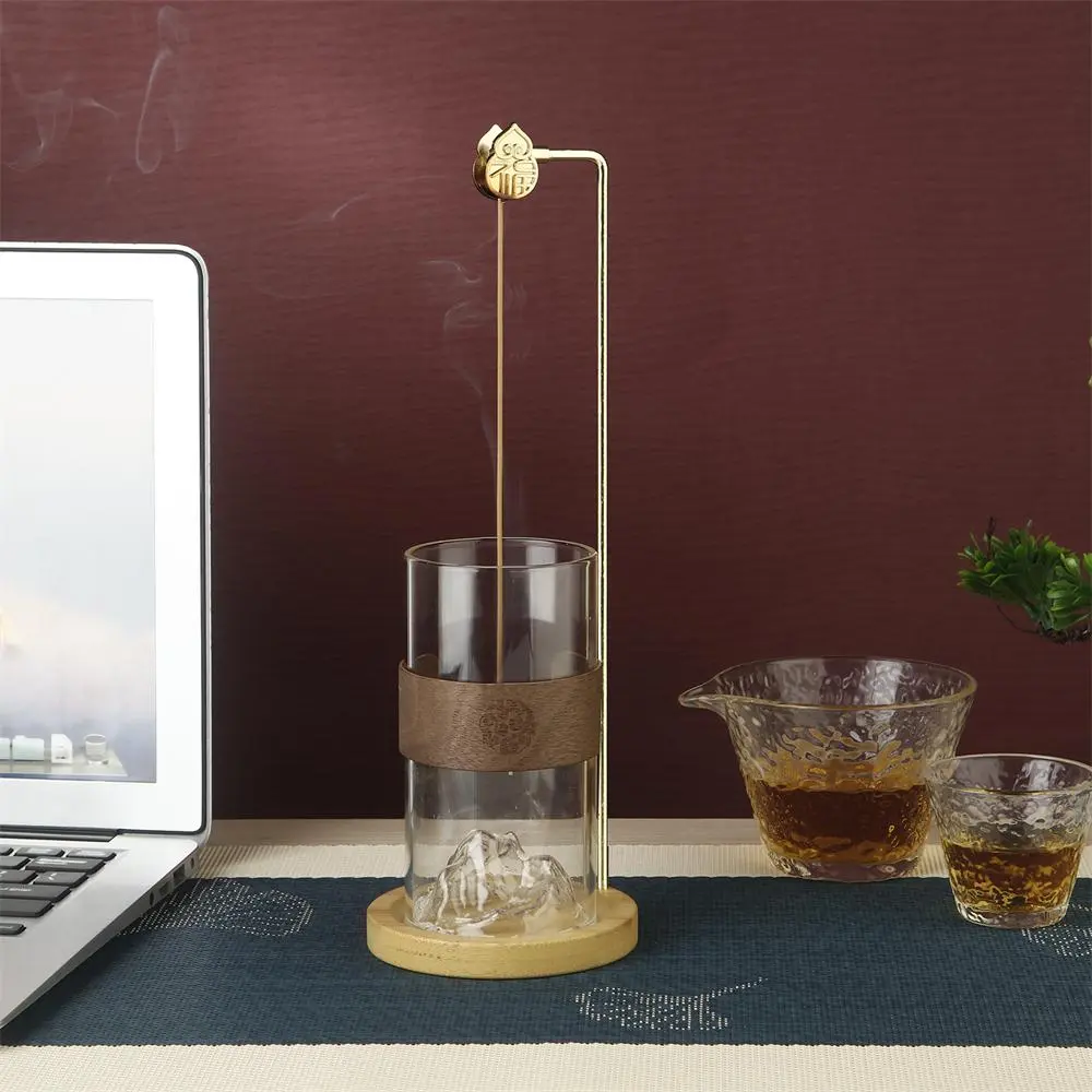 Wooden Base Glass Incense Holder, Creative Hanging Incense Burner, Home Fragrance Holder, Desktop Decor for Living Room Bedroom Office, Aroma
