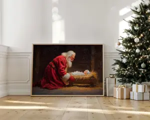 [SALE UP TO 40%] [Unframed] Santa Kneeling Before Baby Jesus Canvas, Christmas Nativity Wall Art, Religious Christian Holiday Décor, Spiritual Faith Artwork
