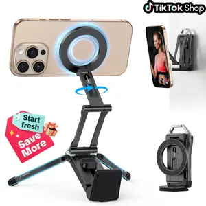 OMOTON KeyChain Tripod for iPhone, Folding Magnetic Phone Mount – Smartphone Mount with 360° Rotating Ring Grip, Selfie Stick Clamp, and Carabiner for Travel, Desk, Airplane, Luggage [Holiday Haul]