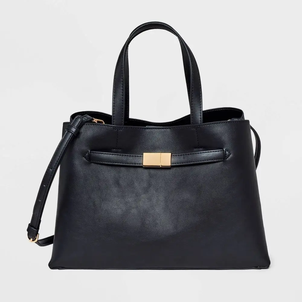 Women's Belted Satchel Handbag - A New Day Black, Adjustable Shoulder Design, Belted Chic Detail, Magnetic Snap Shut, Handbags for Women