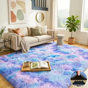 BLIOWL Tie-Dyed Blue Rainbow Shaggy Area Rug, Ultra Soft Fluffy Carpet for Living Room Bedroom, Modern Thick Silky Rug with Non-Slip Backing, Home Decor Aesthetic, Includes 4 Carpet Stickers