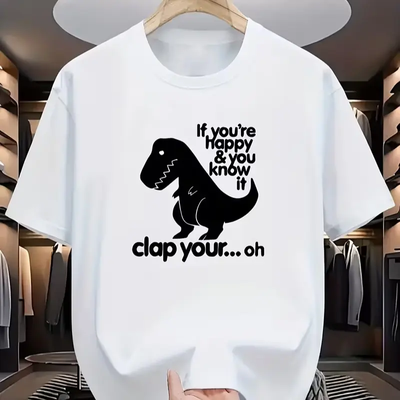 Unisex 100% Cotton Printed Craft Short Sleeve Tee, Soft Breathable Relaxed Fit Crew Neck Casual Top, Funny T-Rex Clap Hands Quote Graphic Daily Street Wear, Universal Summer Outfits For All Genders, Dinosaur Humor Leisure Shirt, summervibes