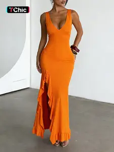 Women's Plain Tank Ruffle Fit Dress, Solid Color Sleeveless Split Hem Slit Dress for Casual Party Club Dating Wear, Ladies Summer Clothes