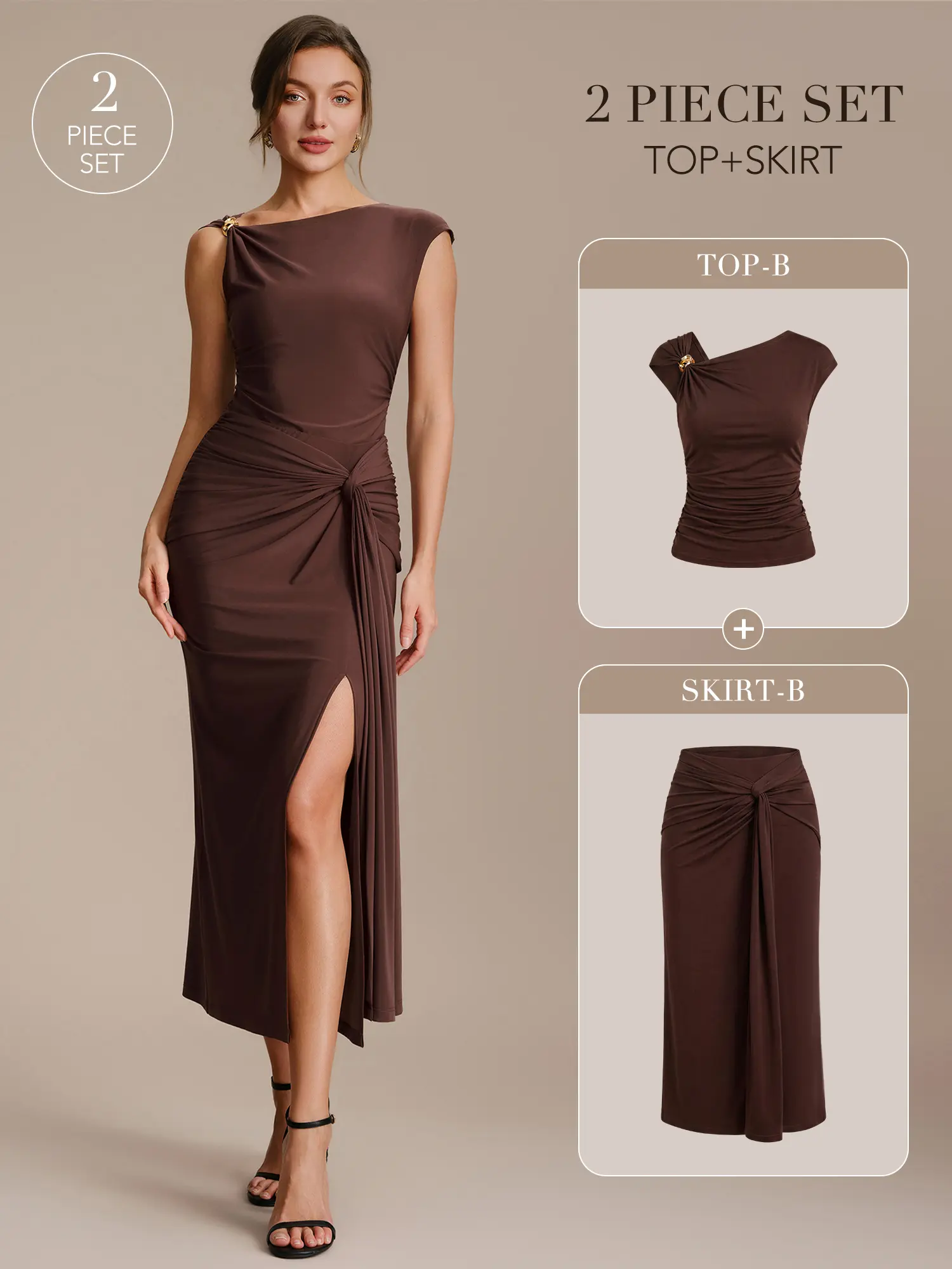 Ever-Pretty Women's 2026 Trend 2-Piece Clothing Set - Convertible Off-Shoulder Sleeve Knit Top, High Waist Knot Side Wrap Fit Bodycon Midi Wrap Skirt, Evening Wedding Guest Outfit, Cocktail Ready, ET02814/ER02815
