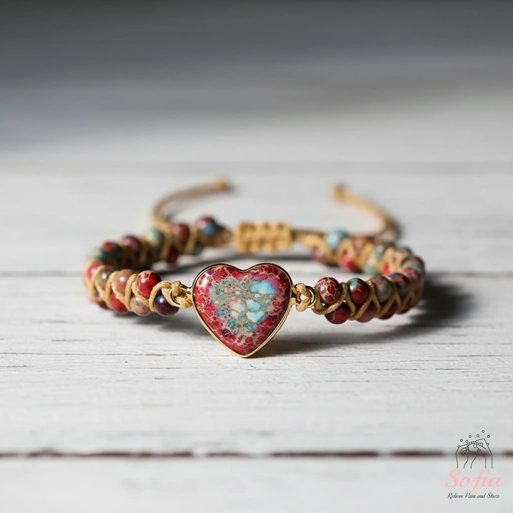 Sofia Natural Red Jasper Adjustable Bracelet with Heart Charm - Adult Minimalist Personality Daily Mood Healing Crystal Jewelry, Matching Necklace, Bohemia Style