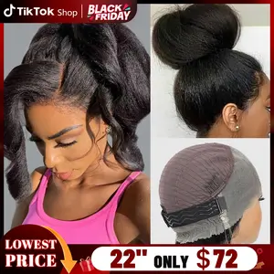 Pre Cut 360 Kinky Straight Invisi Strap Glueless Wigs Malaysia Human Hair 13x6 Hd Transparent Lace Front Wig Yaki Straight 360 Full Lace Frontal  Wigs With Invisi Drawstring Pre Cut Pre Plucked TikTokShopBlackFriday